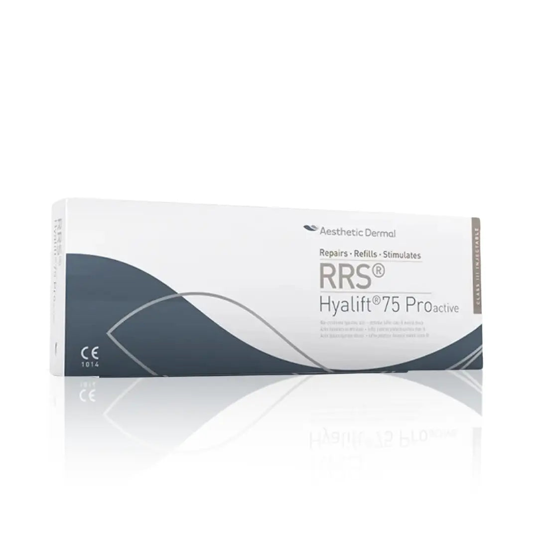 Box of RRS Hyalift 75 PROactive with 1 x 3ml vial, featuring a white and gray design, used for deep hydration and skin revitalization on the face, neck, and hands.