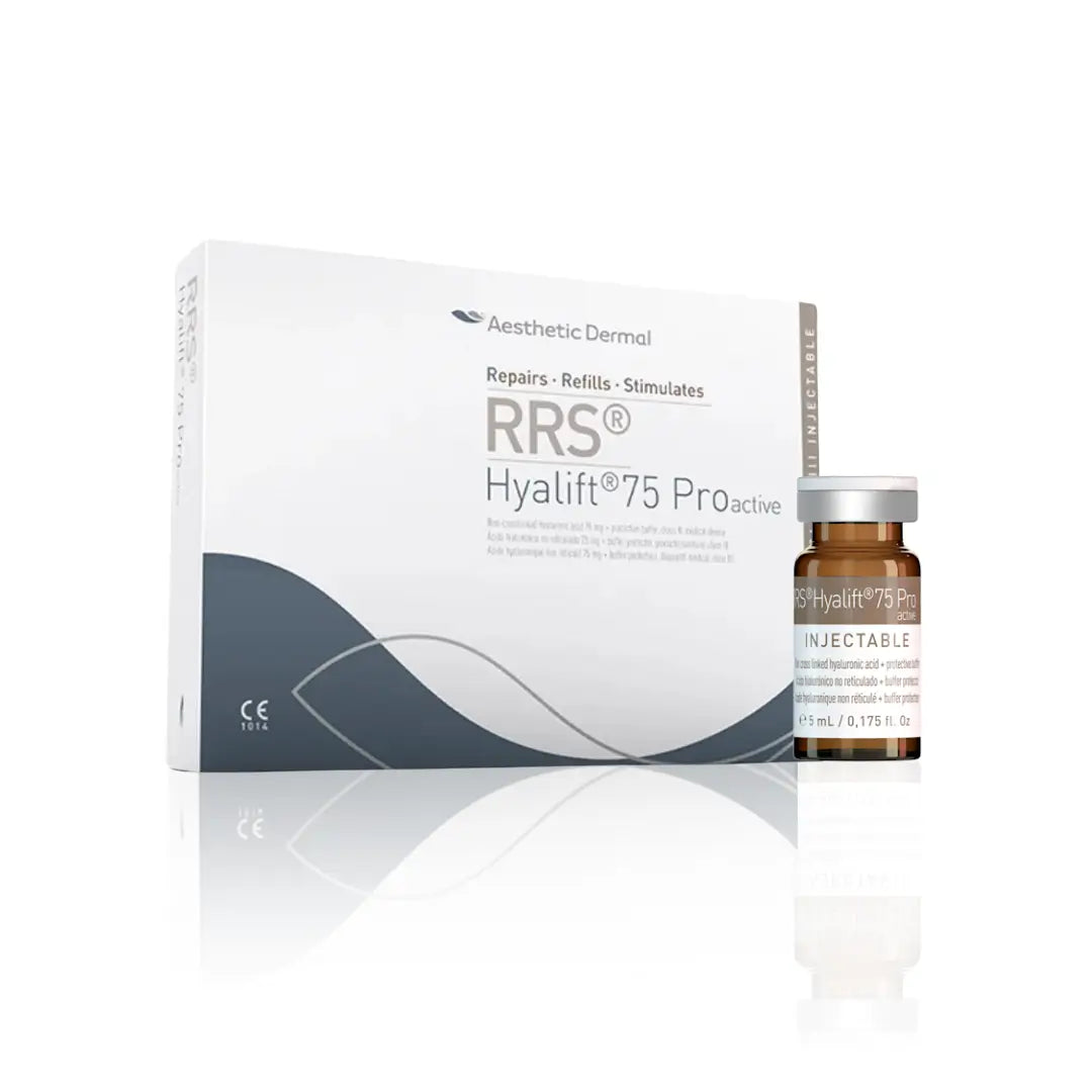 Box of RRS Hyalift 75 PROactive with 1 x 5ml vial, featuring a white and gray design, used for deep hydration and skin revitalization on the face, neck, and hands.