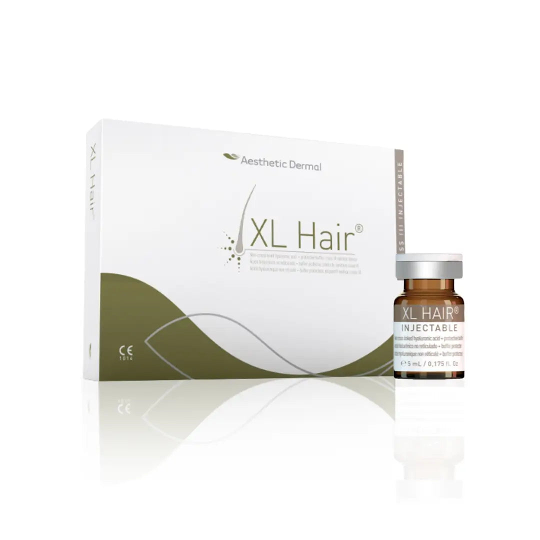 Box of XL Hair with 1 x 5ml vial, featuring a white and green design, used for scalp nourishment and improving the appearance of thinning hair.
