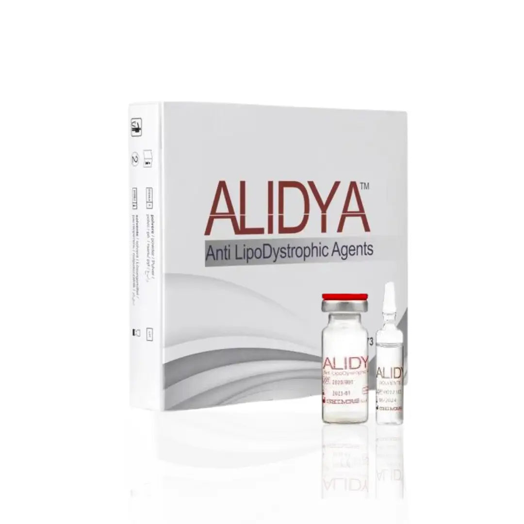 Alidya anti-cellulite solution 5 vials set with powder and solvent, used to reduce cellulite appearance. White packaging with vials visible.