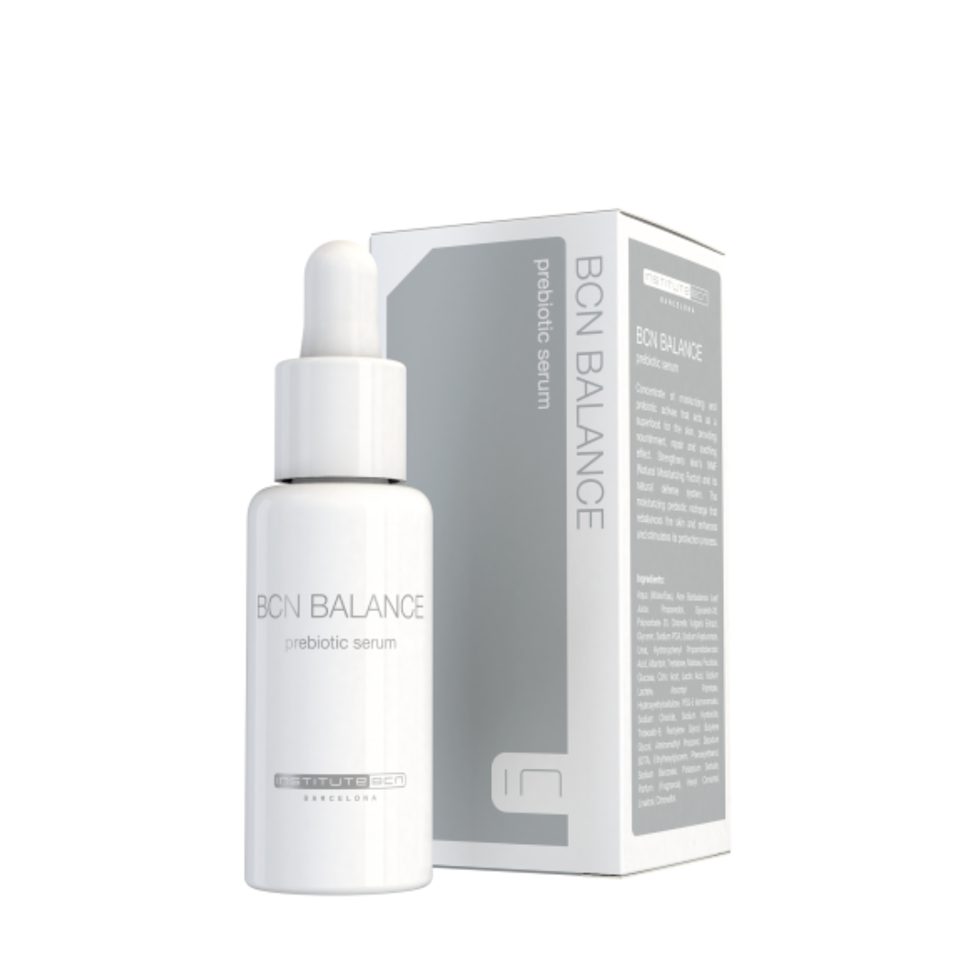 BCN Balance prebiotic serum in white packaging, enhances skin hydration and self-defense, ideal for sensitive or treated skin.