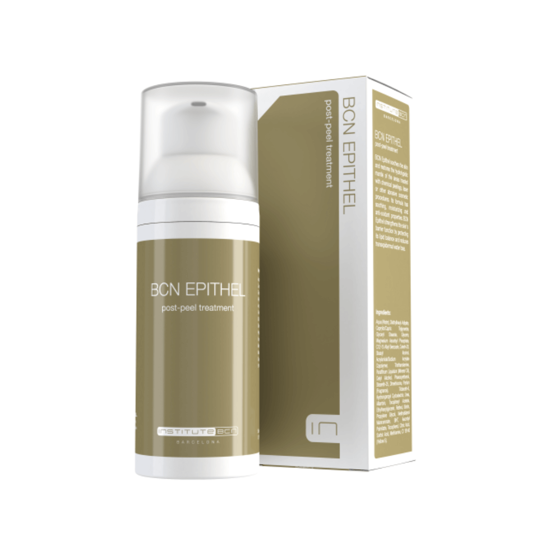 BCN Epithel post-peel treatment in a pump dispenser, 50ML, designed to soothe and restore skin's protective barrier after cosmetic procedures, shown with its box.