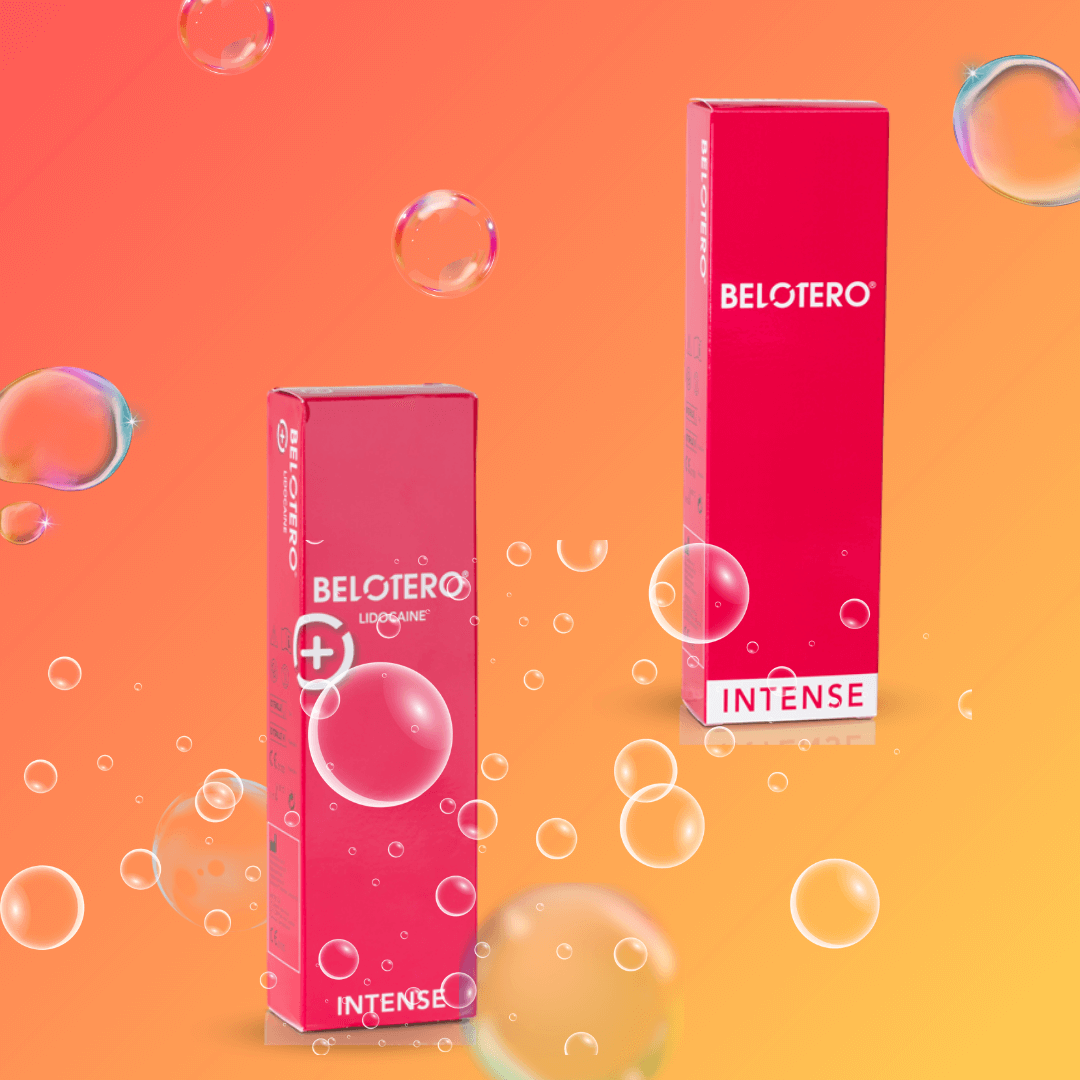 Belotero Intense and Belotero Intense with Lidocaine packaging, red boxes with white text, ideal for filling fine to deep lines and enhancing lip volume.