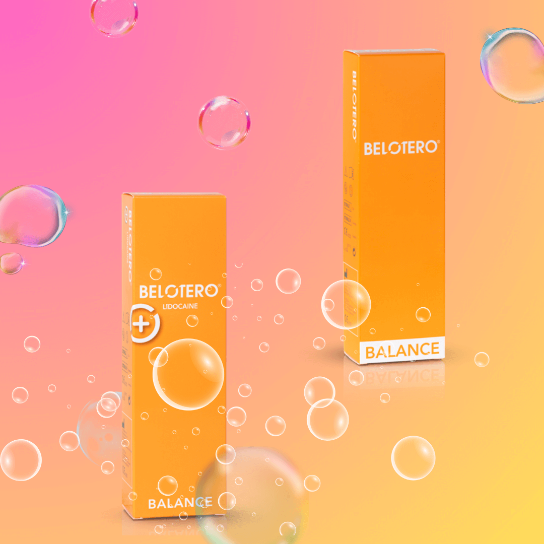 Belotero Balance and Belotero Balance with Lidocaine packaging, orange boxes with white text, ideal for smoothing facial lines and enhancing lip volume.