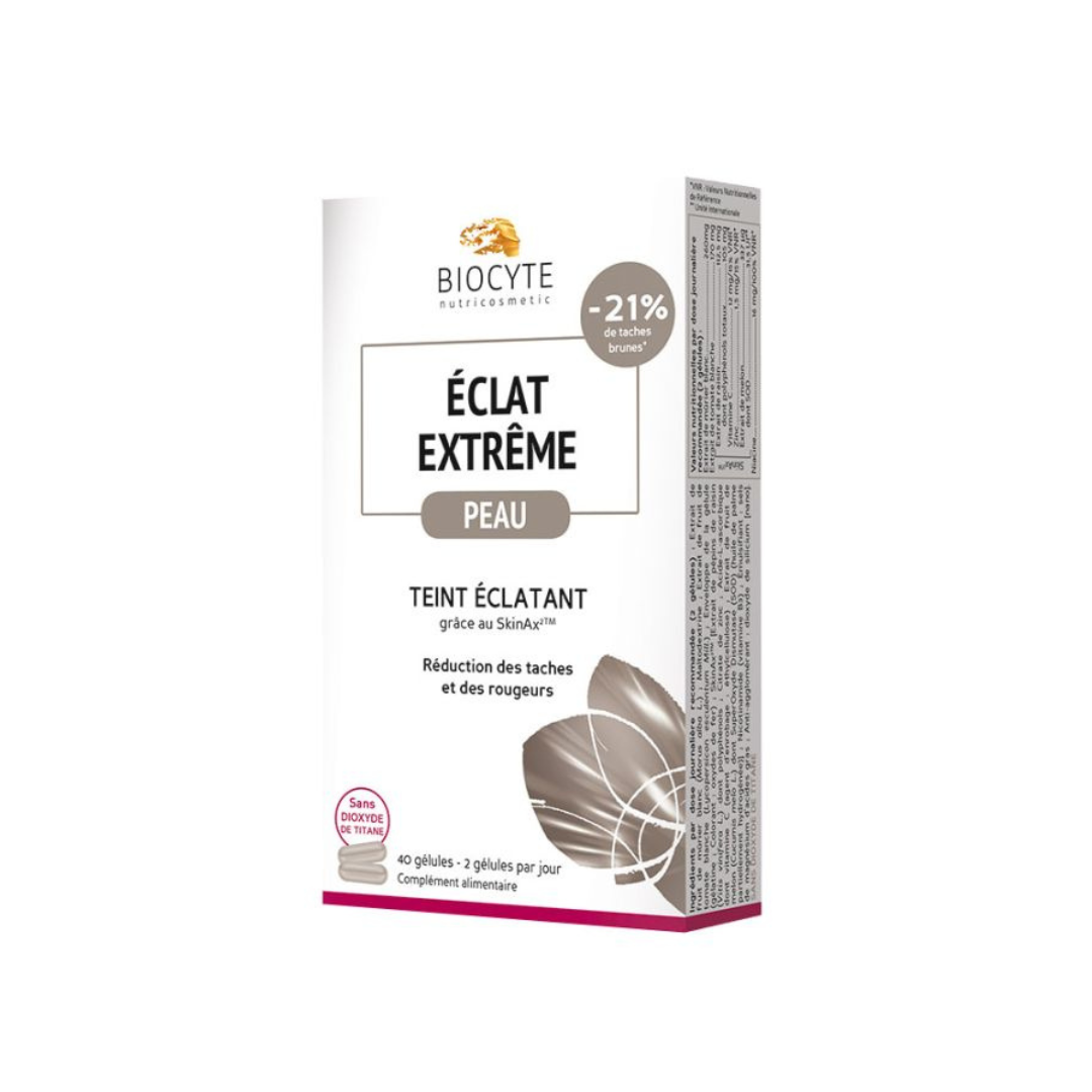 Biocyte Eclat Extreme box with 40 capsules for enhancing skin radiance and reducing dark spots and redness.