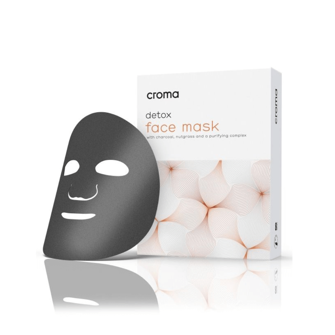 Croma Detox Face Mask box of 8 with a single black mask, containing charcoal, nutgrass, and a purifying complex for deep cleansing and rejuvenation.
