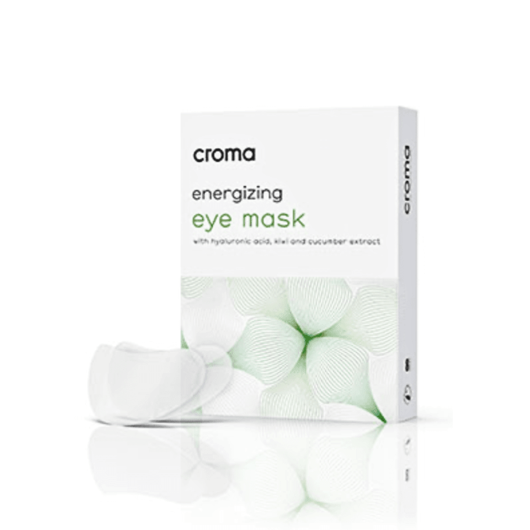 Croma Energizing Eye Mask box of 8 with a pair of eye patches, enriched with hyaluronic acid, kiwi, and cucumber extract for revitalizing under-eye skin.