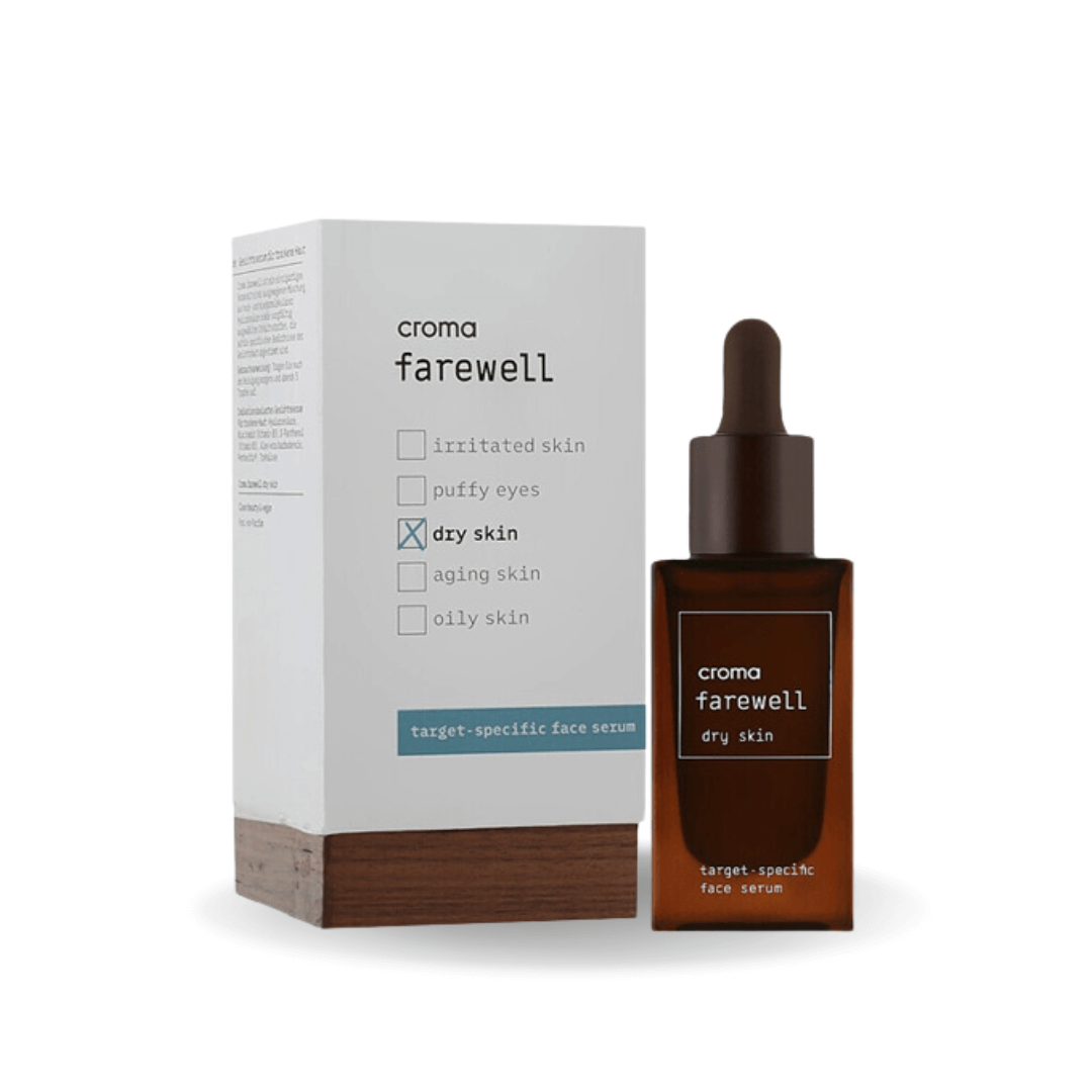 Croma Farewell Dry Skin serum bottle and box, featuring hyaluronic acid and niacinamide to improve skin hydration and elasticity.