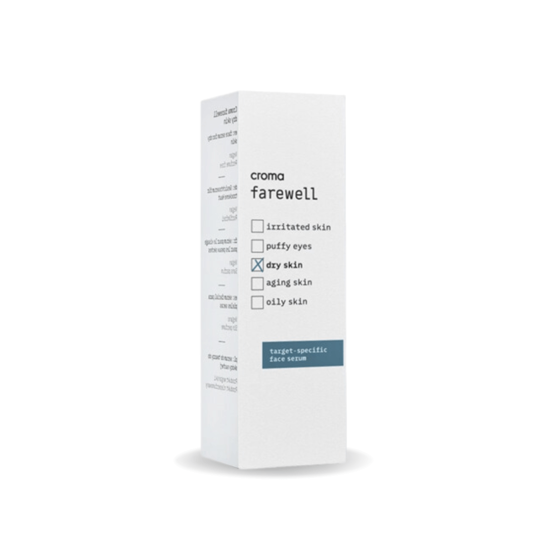 Croma Farewell Dry Skin 5ML serum box for dry skin, enriched with hyaluronic acid and niacinamide for deep hydration.