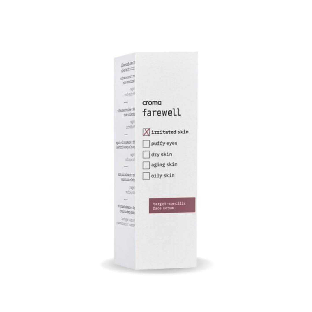 Croma Farewell Irritated Skin 5ML serum box for sensitive skin, enriched with hyaluronic acid and niacinamide to soothe irritations.