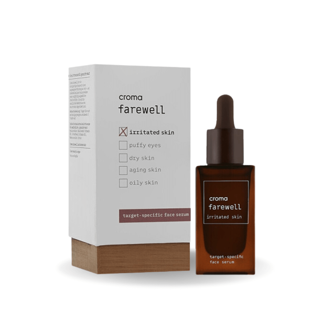 Croma Farewell Irritated Skin serum bottle and box, with ectoin and hyaluronic acid to improve skin hydration and elasticity.