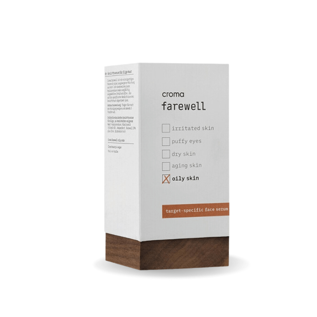 Croma Farewell Oily Skin 30ML serum packaging for oily skin, containing niacinamide and wintergreen leaf extract to minimize shine and improve skin texture.