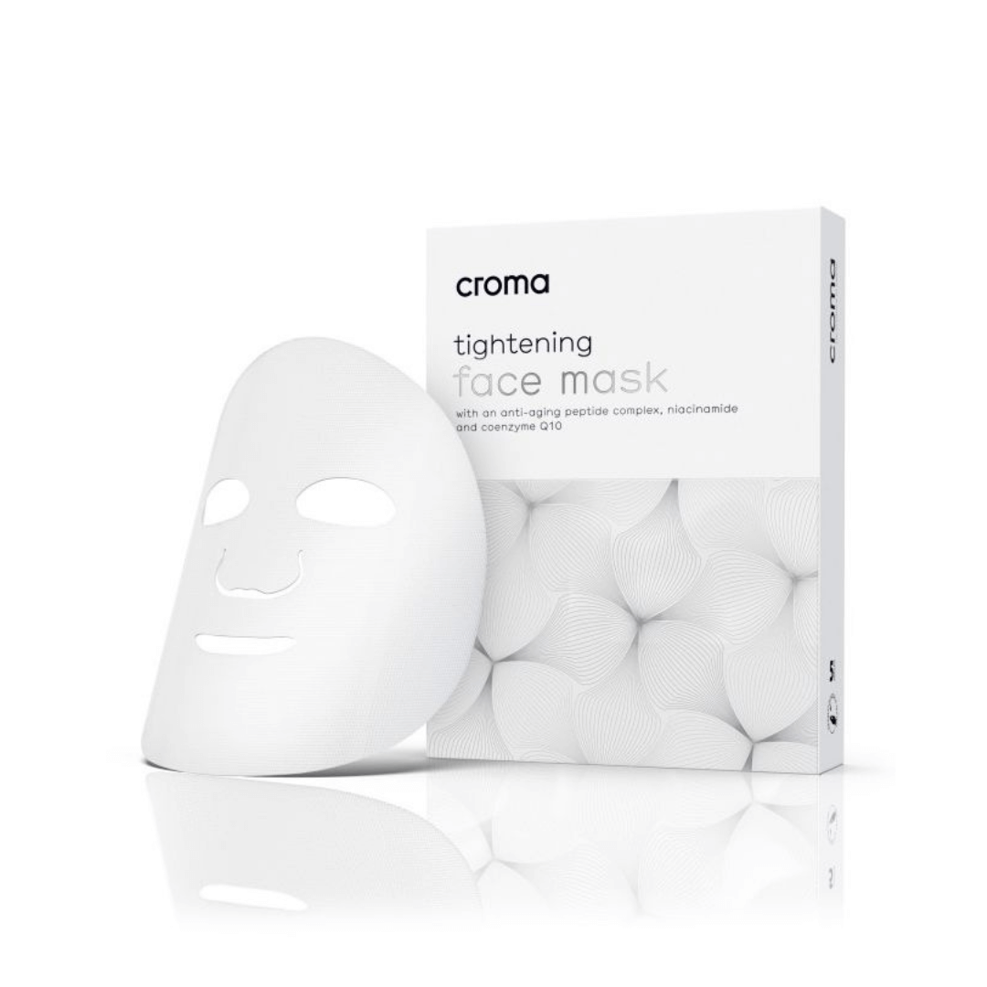 Croma Tightening Face Mask packaging, contains anti-aging peptides, niacinamide, and coenzyme Q10 for firming and smoothing skin.