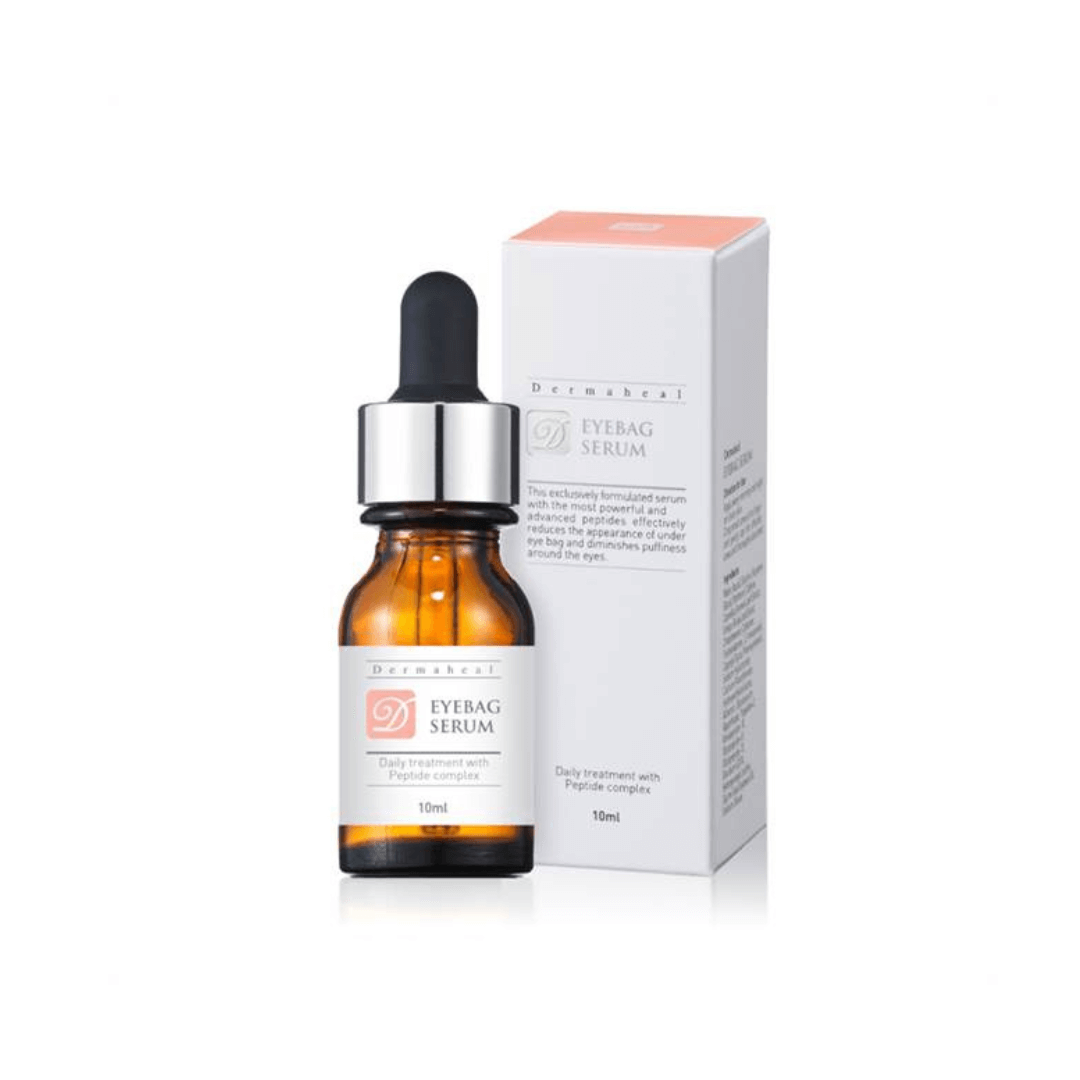 Dermaheal Eyebag Serum, 10ml bottle with packaging, reduces under-eye bags and puffiness, diminishes wrinkles, brightens and firms eye area.