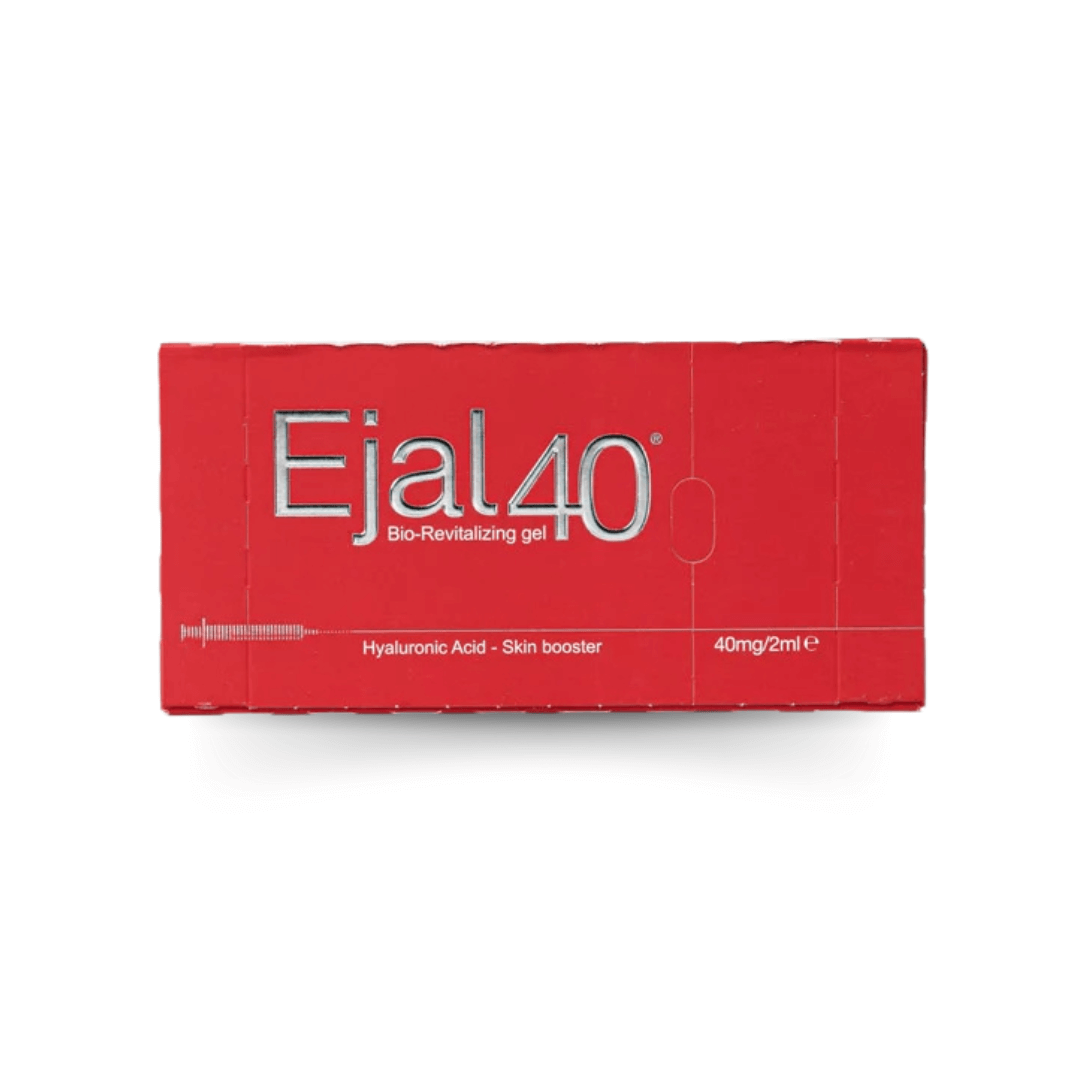 red packaging box of Ejal40 Bio-Revitalizing Gel, prominently displaying 'Hyaluronic Acid - Skin booster' in bold lettering on a minimalist design.