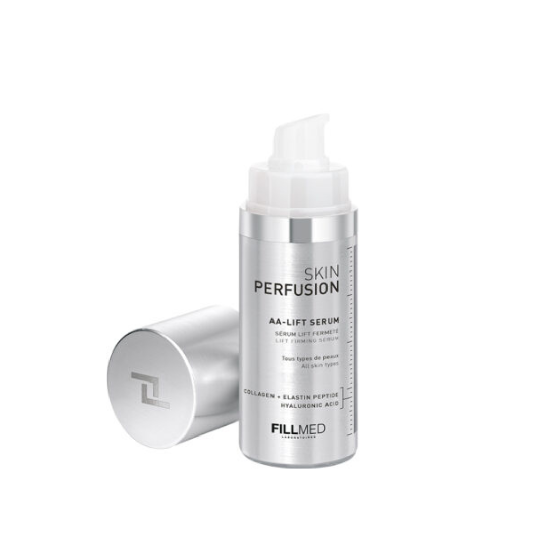 Fillmed AA-Lift Serum, 30ml bottle with cap, contains collagen and elastin peptides to enhance skin firmness and elasticity.