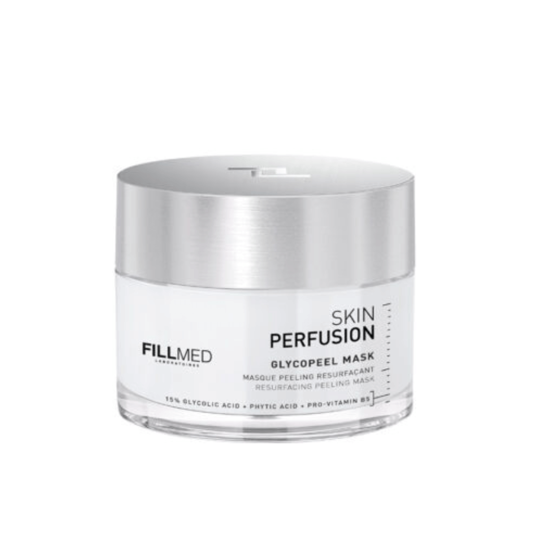 White jar of Fillmed Skin Perfusion Glycopeel Mask with silver lid, displaying 15% glycolic acid for radiant skin.