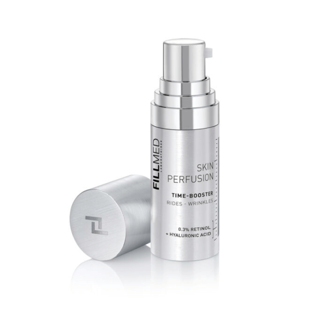 FILLMED Skin Perfusion Time Booster in a silver and transparent pump bottle, 10ml, enhances hydration and skin texture, designed for nightly use.