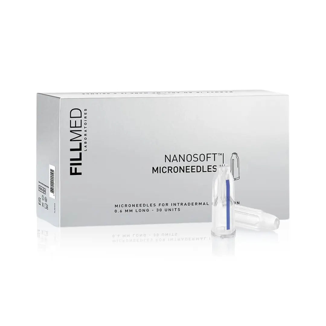 FILLMED Nanosoft Microneedles box with 30 ultra-fine microneedles. The packaging is sleek and silver, featuring product branding and a close-up of the microneedles.