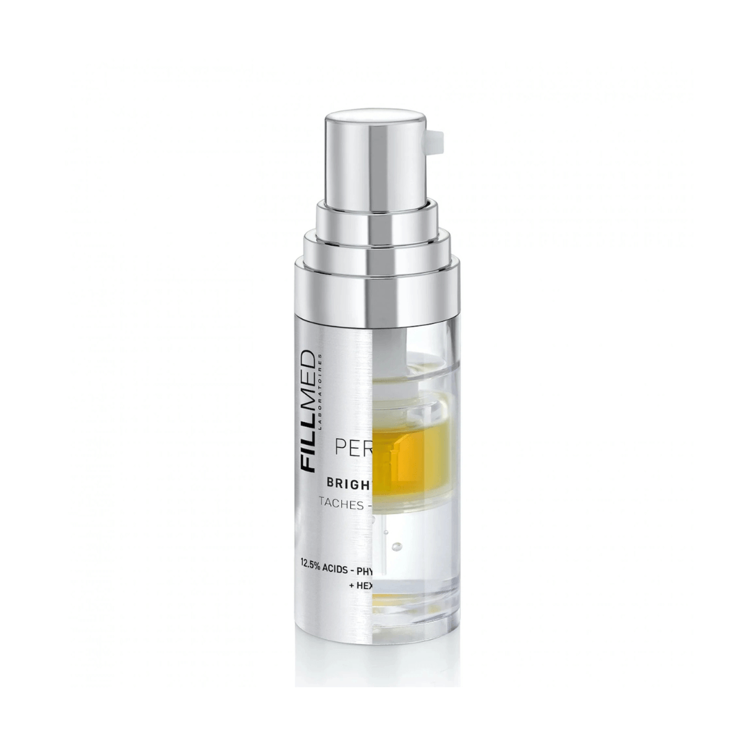 Fillmed Skin Perfusion Bright Booster 10ml bottle, serum with glycolic and phytic acids to improve skin texture and clarity." These descriptions are concise, i