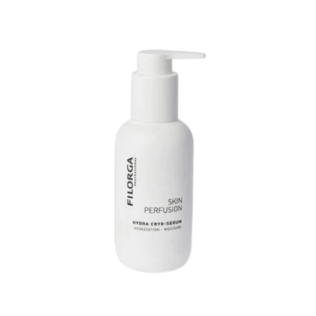 White bottle of Fillmed Skin Perfusion CAB Hydra Cryo Serum 100ml, increases skin hydration, improves texture and reduces wrinkles.