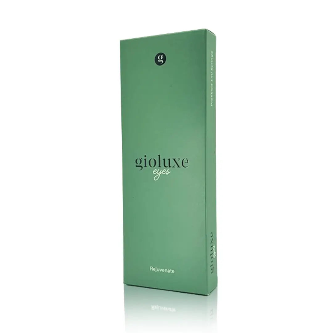 Gioluxe Eyes 1ml green box with minimal design. Under-eye care solution to hydrate, smooth, and refresh the look of tired eyes.