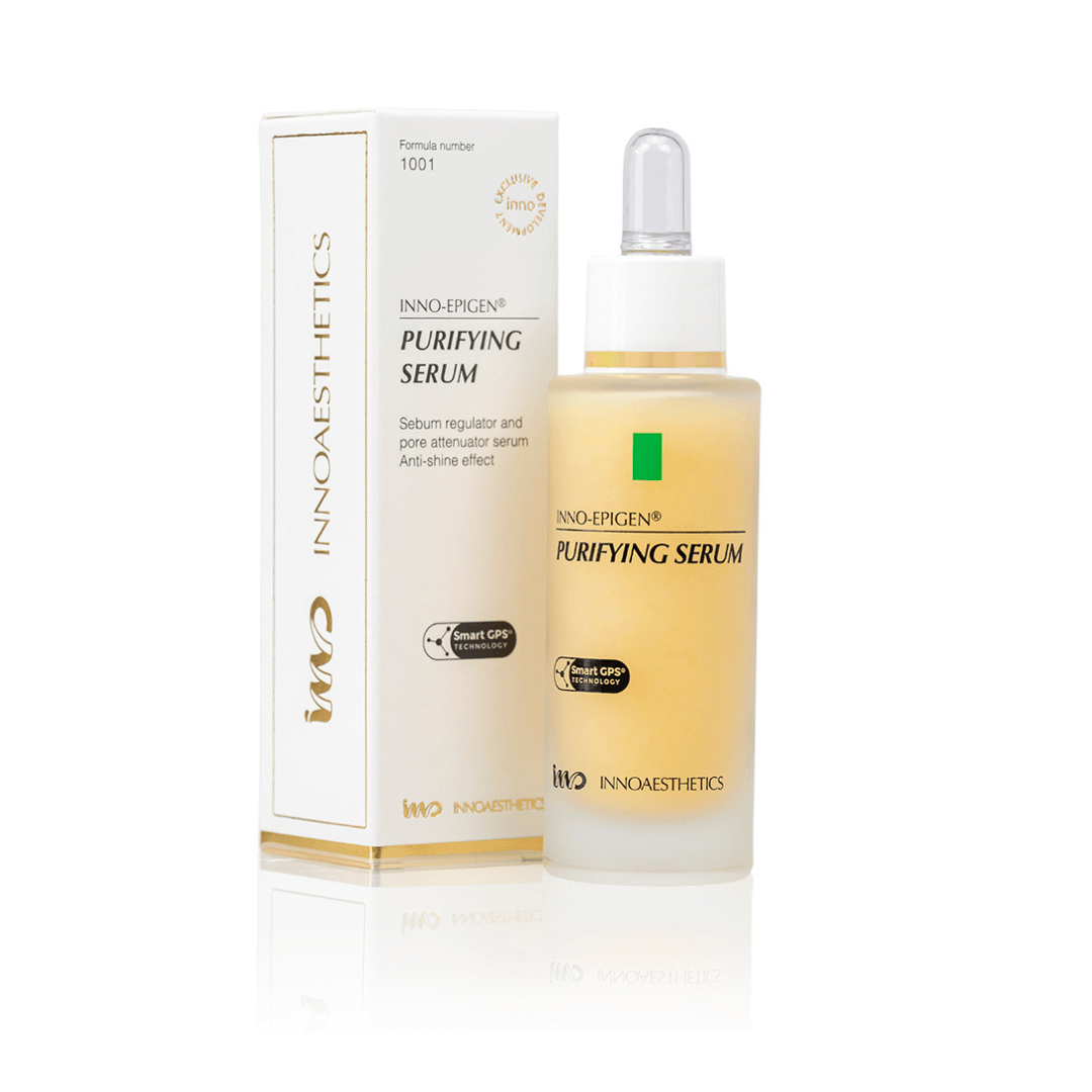 Innoaesthetics INNO-EPIGEN Purifying Serum 30ML bottle and box, controls oily skin, regulates sebum, and shrinks pores, white and gold packaging.