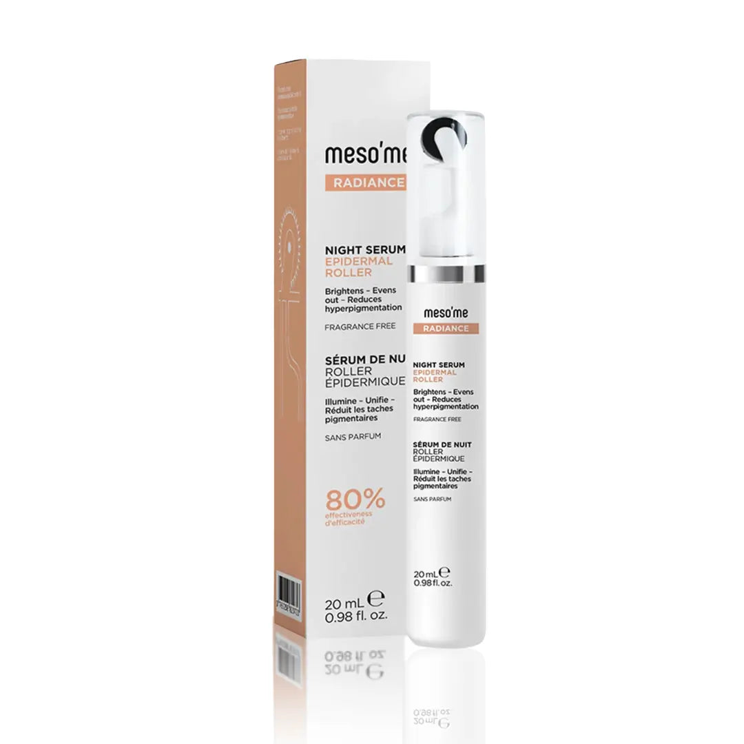 Meso'Me Radiance Night Serum 20ml with roller applicator and peach-colored box. A fragrance-free brightening serum for a more even and glowing complexion.