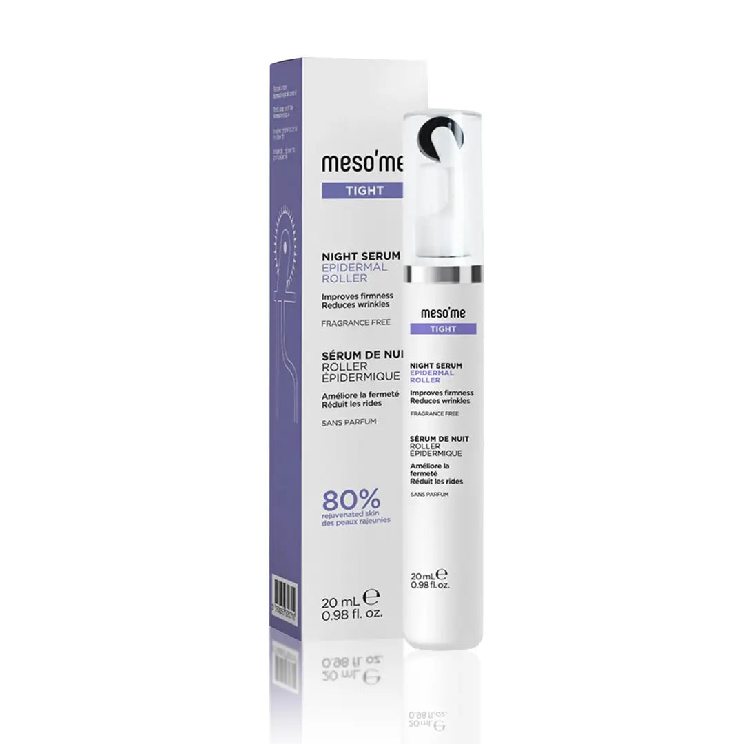 Meso'Me Tight Night Serum 20ml with roller applicator and purple box. Fragrance-free smoothing serum for firmer, softer-looking skin texture.