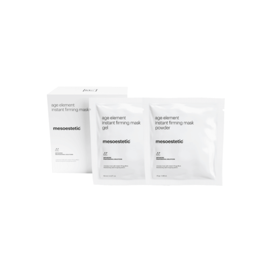 Box of Mesoestetic Age Element Instant Firming Mask with two sachets, offering instant tightening and revitalizing effects for firmer, radiant skin.