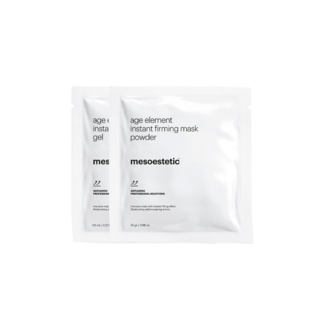 Two sachets of Mesoestetic Age Element Instant Firming Mask gel, providing immediate lifting and firming effect, enhancing skin elasticity.
