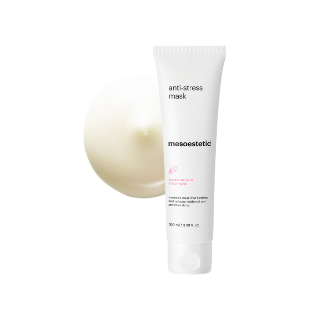 Mesoestetic Anti-Stress Face Mask cream texture, reduces swelling, calming for all skin types.