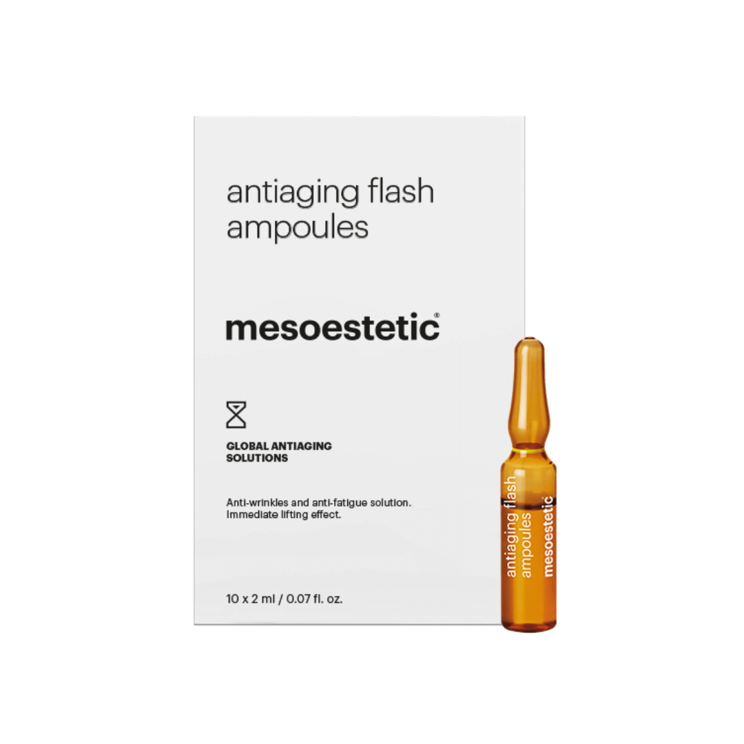Mesoestetic antiaging flash ampoules pack, boosts firmness, ideal base for makeup.