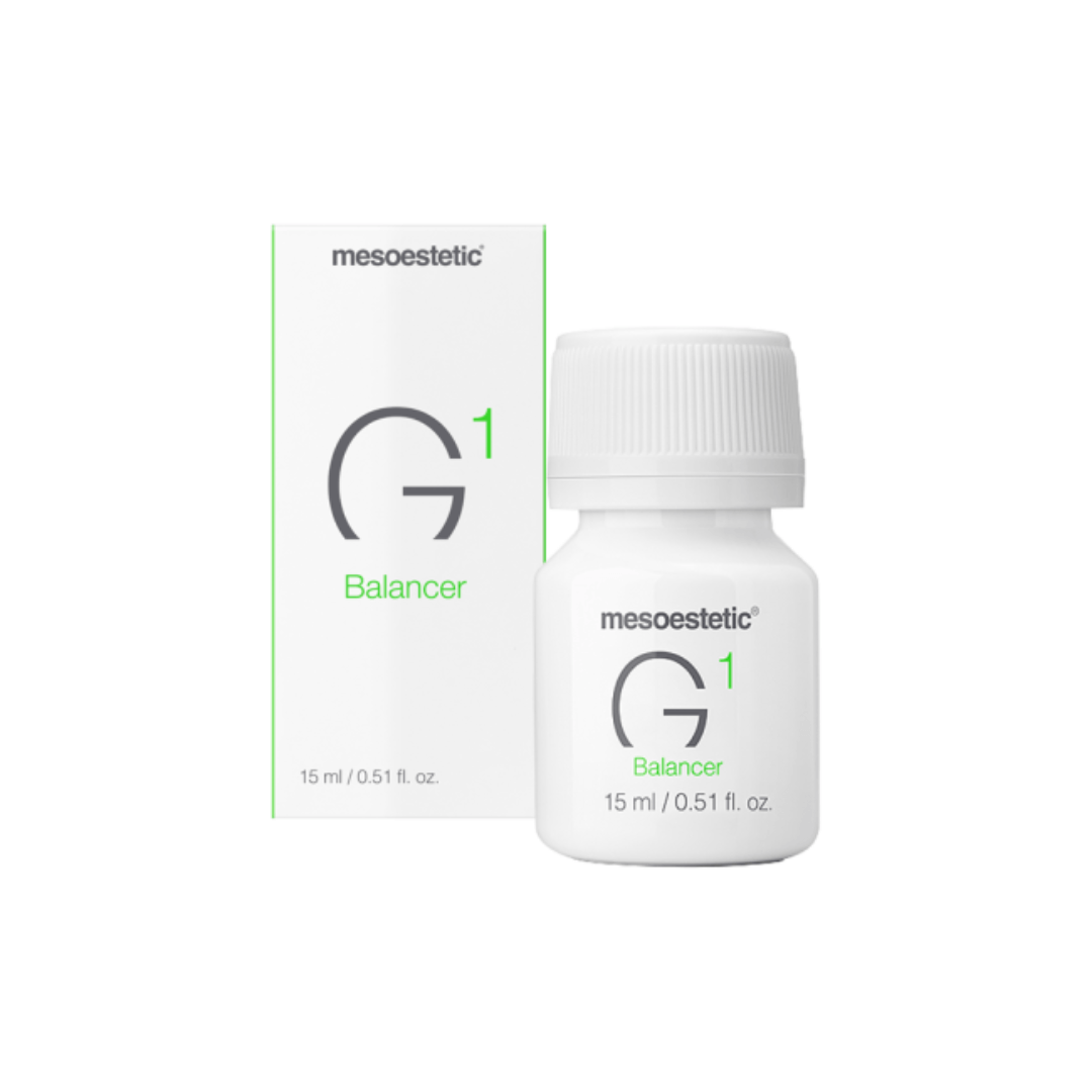 Mesoestetic Genesis G1 Balancer, 15ml bottle with packaging, promotes skin repair and preps for surgery.