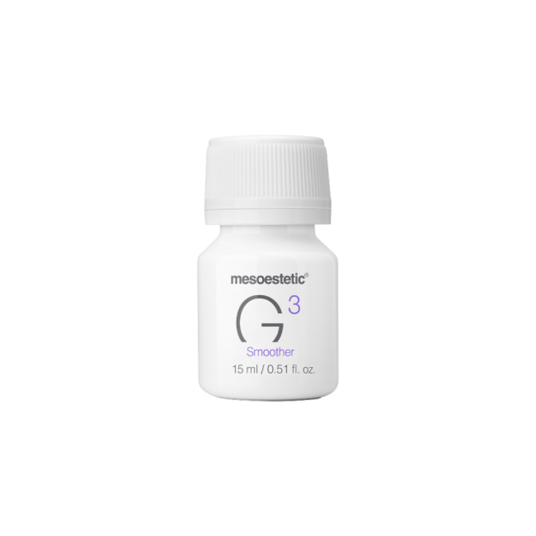 Single 15ml Mesoestetic Genesis G3 Smoother bottle, reduces sensitivity and calms skin, perfect for delicate skin care.