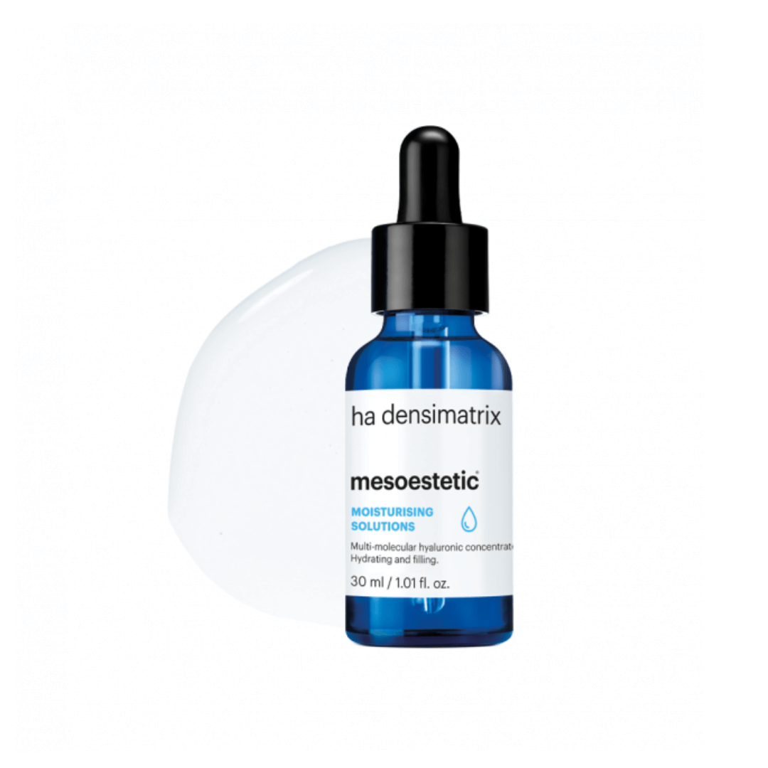 Close-up of Mesoestetic HA Densimatrix bottle, enhances skin hydration and elasticity, suitable for all skin types.