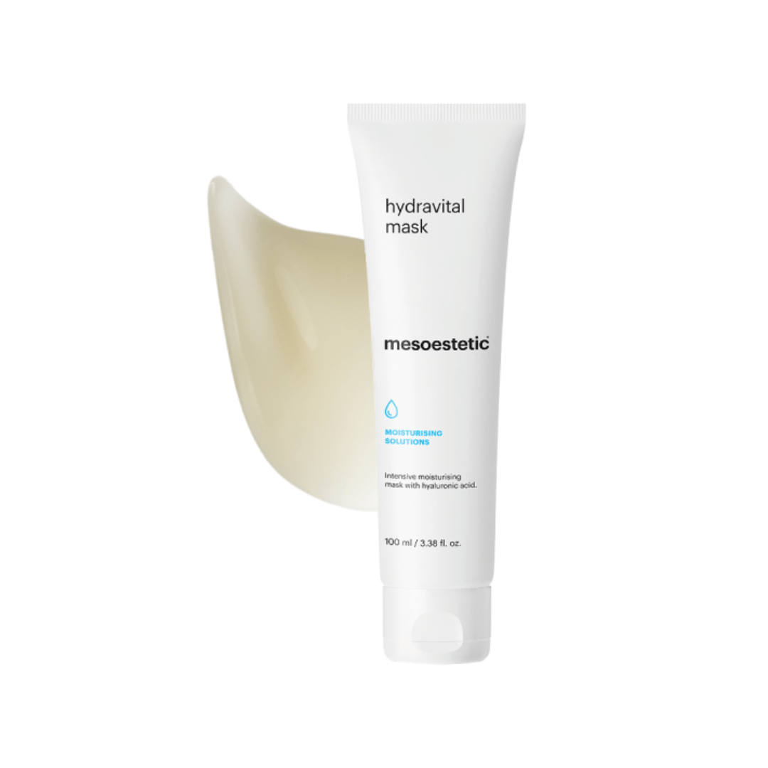 Mesoestetic Hydravital Mask with cream sample, 100ml, rich in hyaluronic acid and argan oil for nourishing and soothing skin.