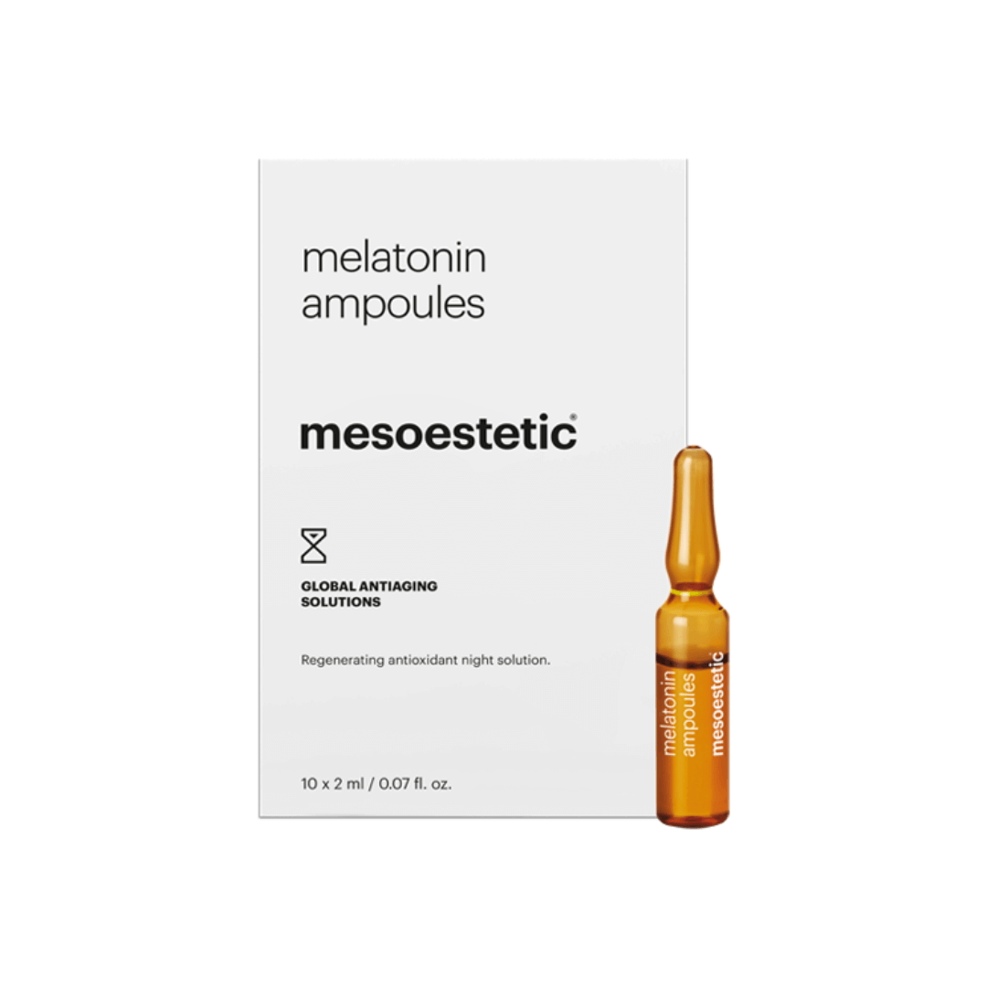 Mesoestetic Melatonin Ampoules packaging with one ampoule displayed, 10 x 2ml vials for nightly anti-aging treatment.