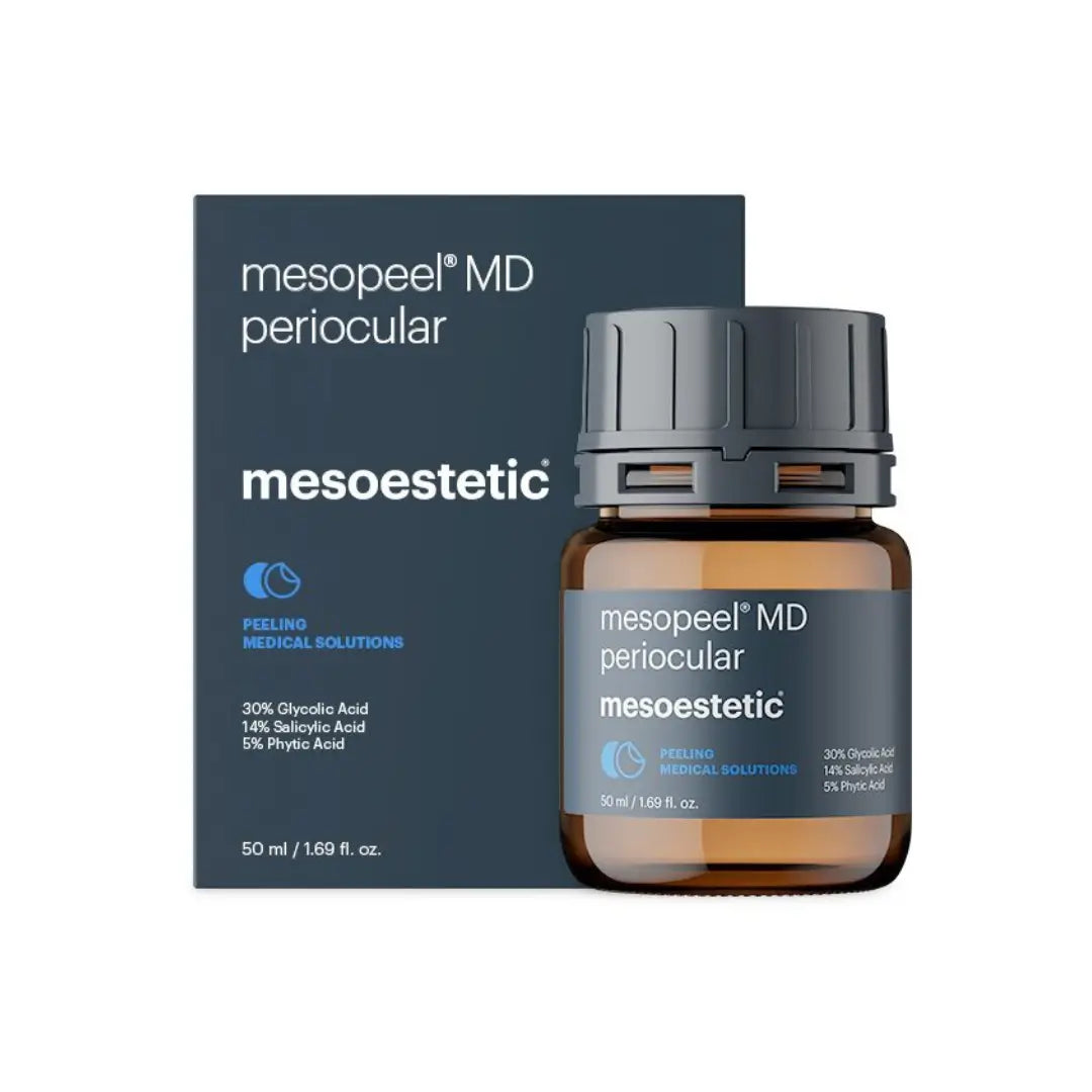 Mesoestetic Mesopeel MD Periocular packaging and bottle display, 50ml – specialized eye-area anti-aging peel with acids for revitalizing delicate skin.