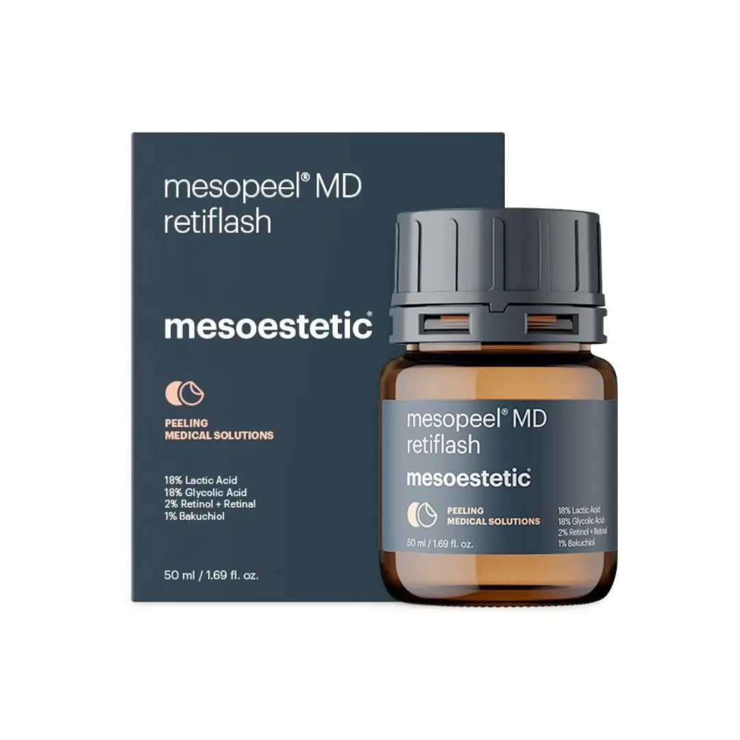 Packaging and bottle of Mesoestetic Mesopeel MD Retiflash detailing ingredients and peel strength for skin enhancement.