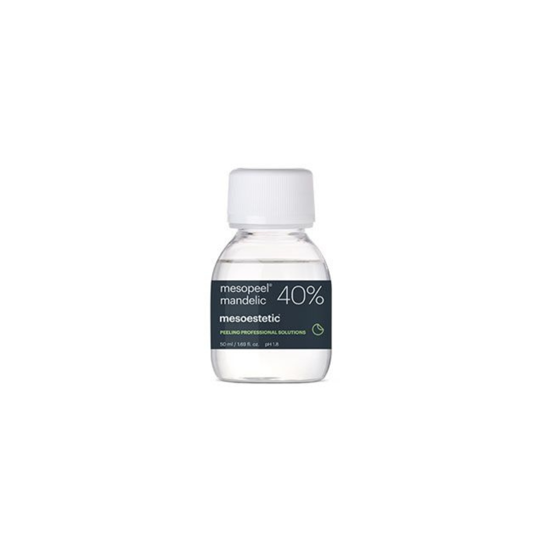 Close-up of Mesoestetic Mandelic 40% acid peel bottle, a professional skin care solution for oily skin, 50 ml size.