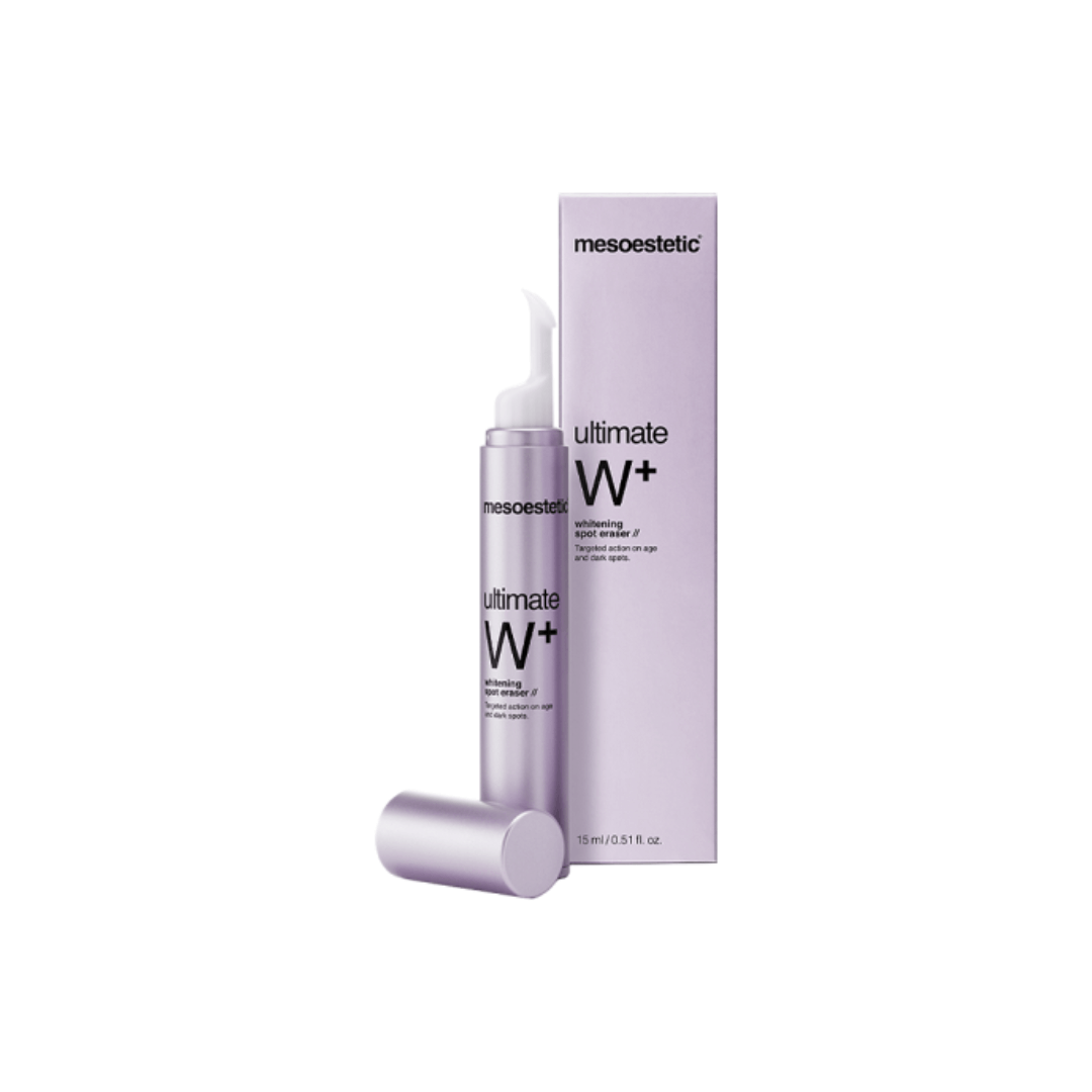 a 15ml tube and box of Mesoestetic Ultimate W+ Whitening Spot Eraser, a treatment for hyperpigmentation and skin tone smoothing.