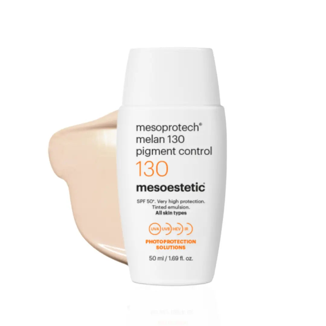 Mesoestetic Mesoprotech Melan 130 Pigment Control cream showing its light tinted texture, for blending and softening skin imperfections.