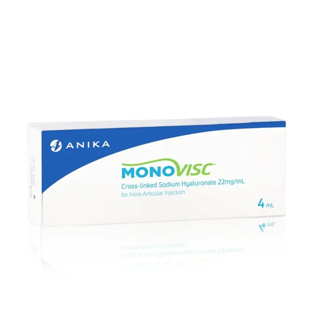 MONOVISC 4ml box by Anika, featuring blue and white packaging with product branding. Labeled as a cross-linked sodium hyaluronate solution.