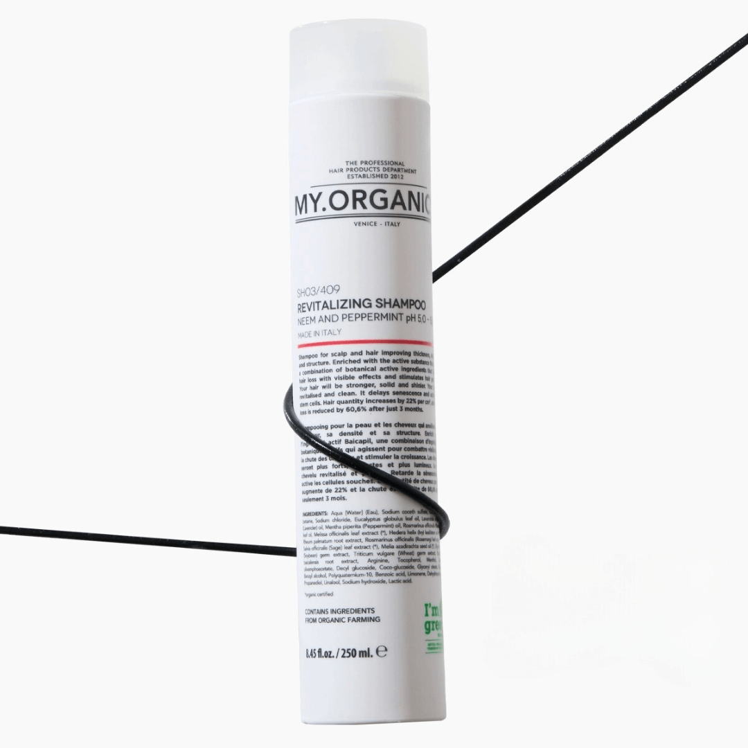 My Organics Revitalizing Shampoo 250ML bottle featuring a black design with essential oils and Baicapil for hair growth.