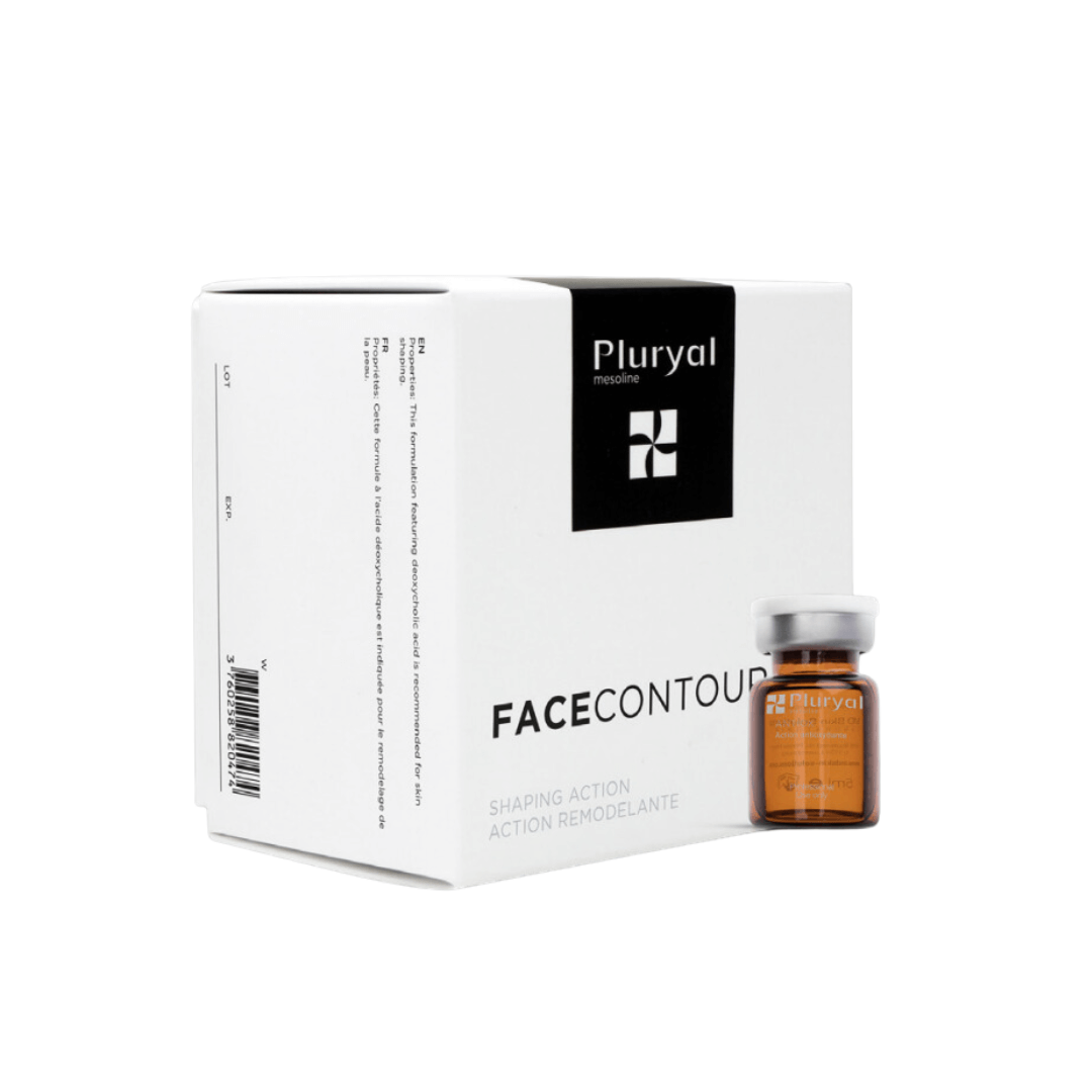 Pluryal Mesoline Facecontour box and vial, white and black design, 5x5ml vials for facial shaping and contour enhancement.