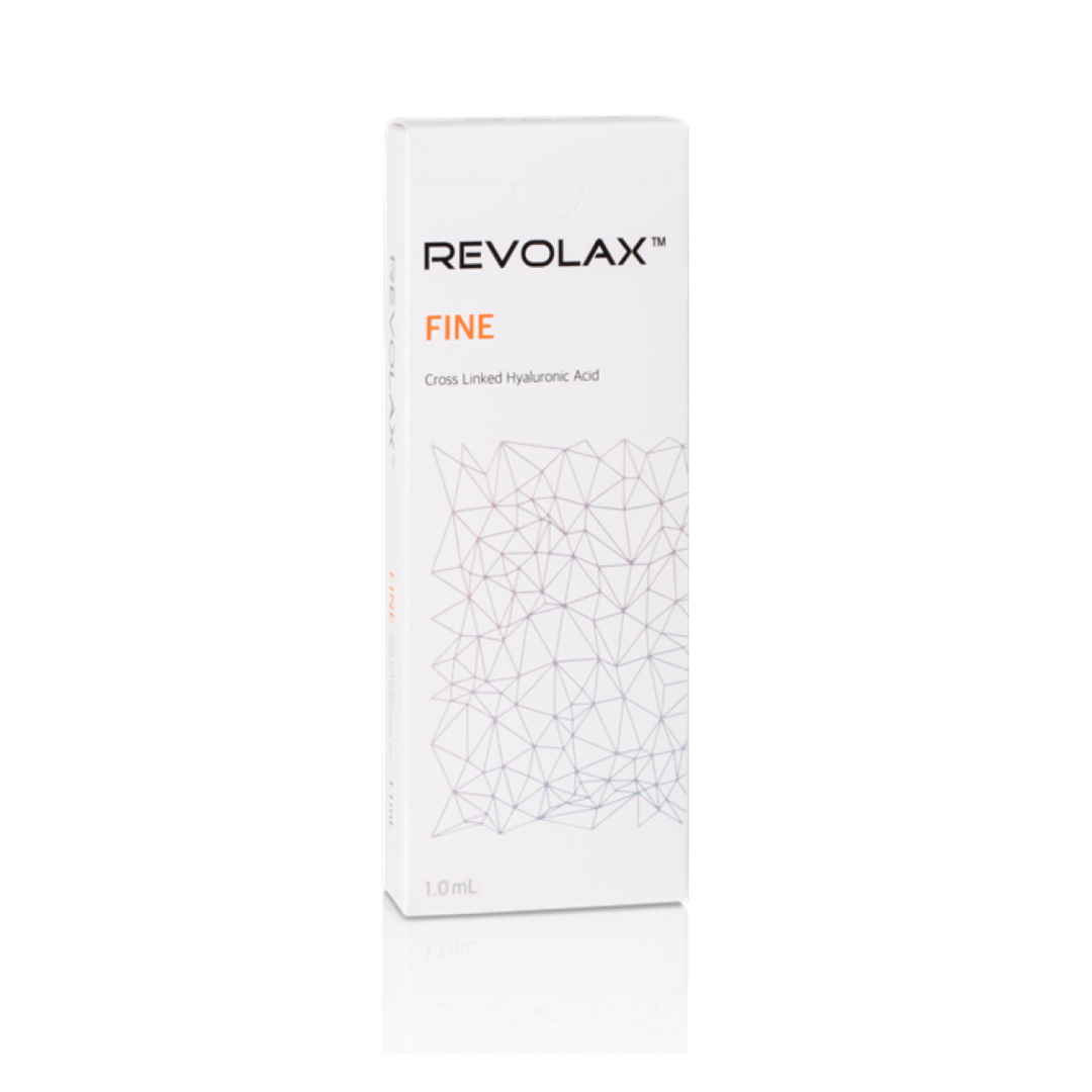 Revolax Fine packaging standing upright, a lightweight hyaluronic acid filler for treating crow's feet, glabellar lines, and neck wrinkles.