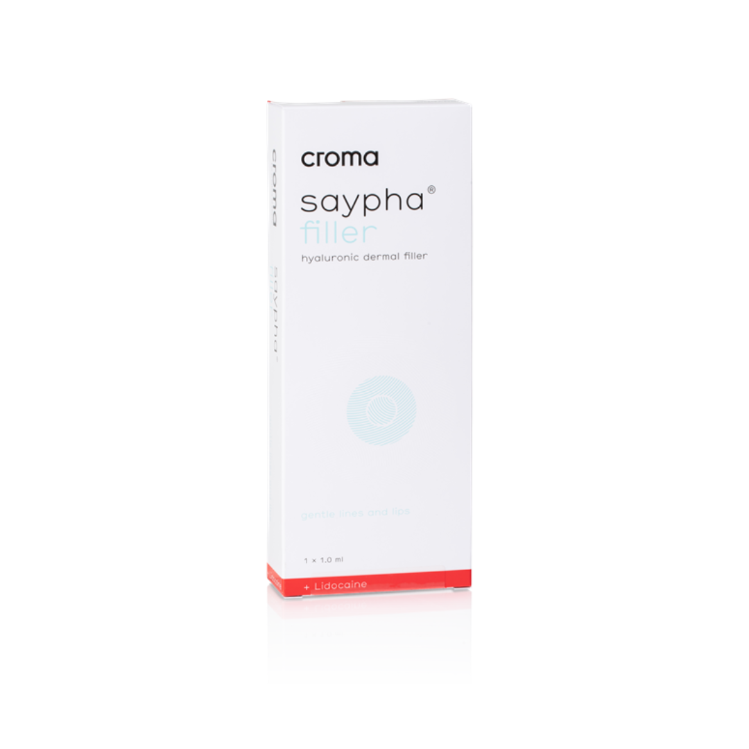 White box of Saypha Filler Lidocaine (1 X 1ML) for correcting facial wrinkles and enhancing lip volume, with added lidocaine for comfort.