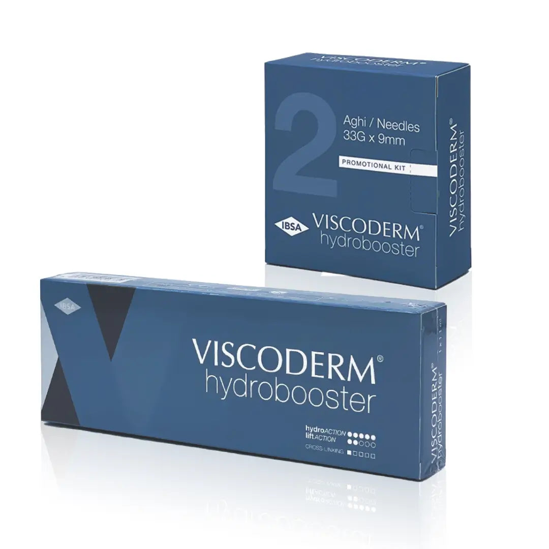 Viscoderm Hydrobooster packaging with two needles, emphasizing hydration and skin support in a blue promotional box.