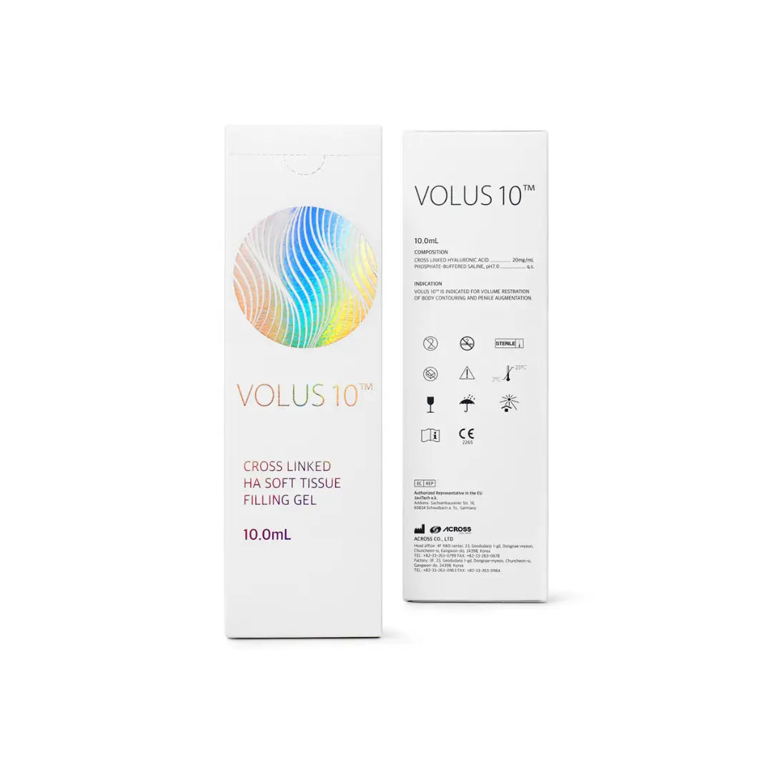 Side view of Volus 10 box showing usage instructions and icons for non-animal origin gel, ideal for body sculpting and skin harmonization.